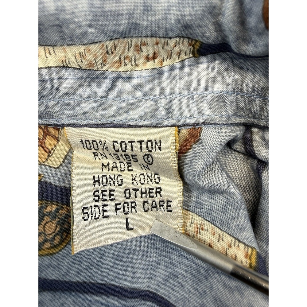 Vintage Burma Bibas Mens L Fishing Shirt Cotton Lawn Fly Rod Lure Novelty Print - Picture 4 of 11